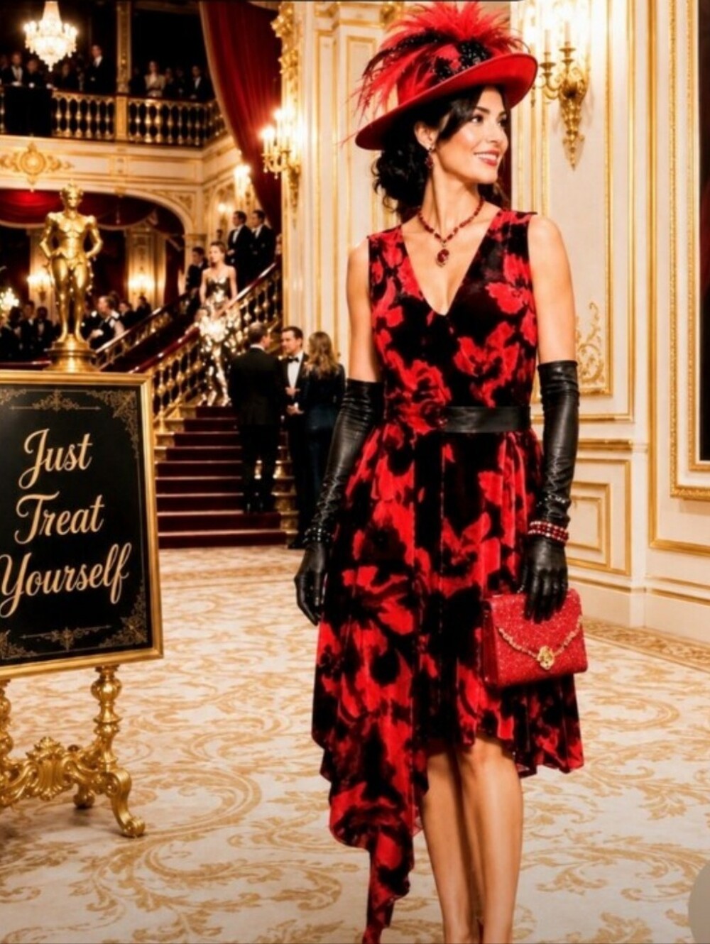 RACHEL Rachel Roy Sz 10 Red and Black Floral V-Neck Asymmetric Dress